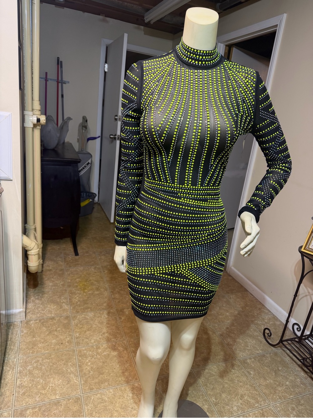 AKIRA Black Bodycon Long-Sleeve Dress with Neon Yellow Stud Details